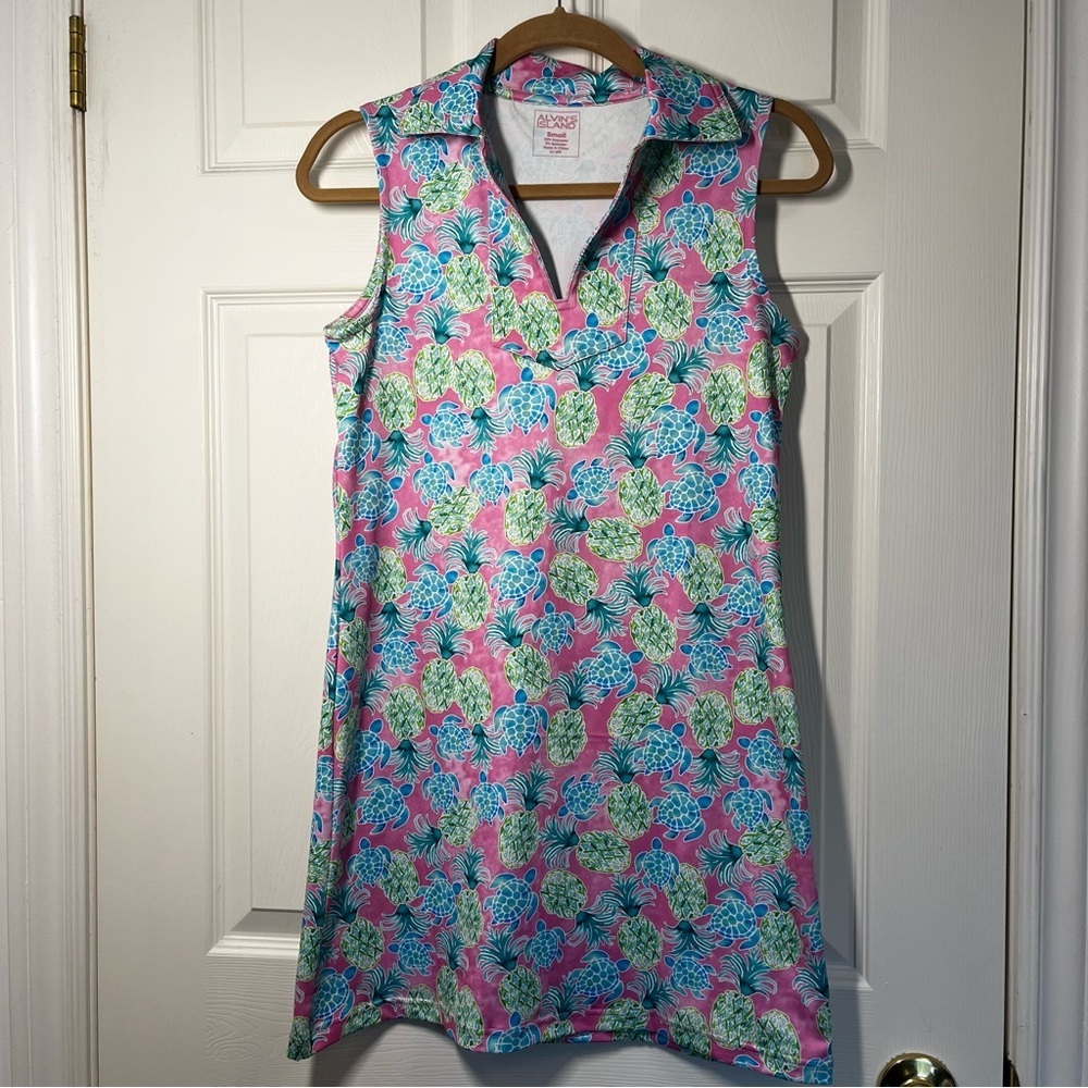 Alvins Island Sleeveless Floral Dress Turtle Pineapple Print Size Small